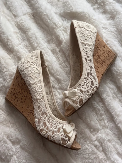 Solene Floral Lace Cork Wedge Heels