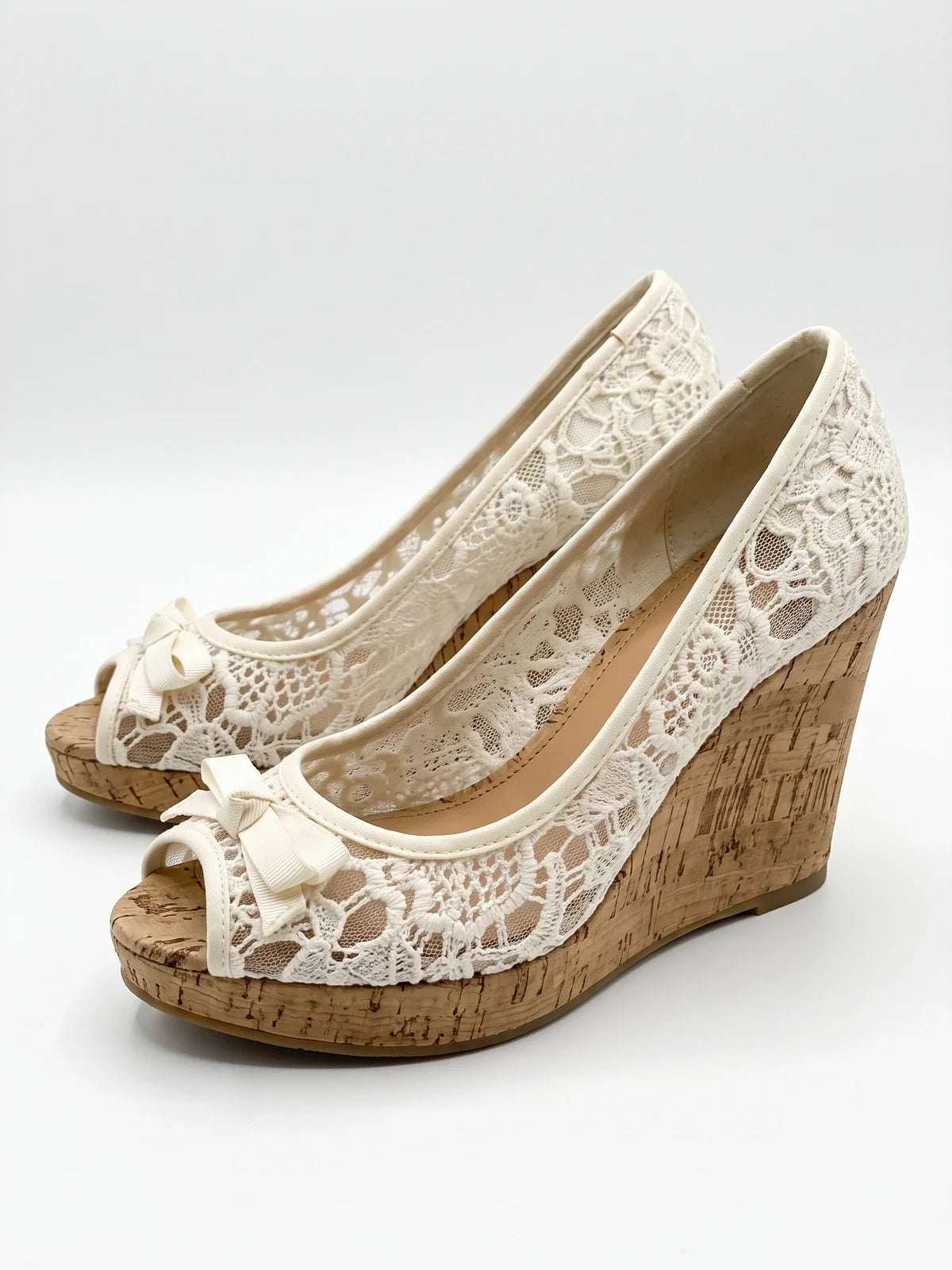 Solene Floral Lace Cork Wedge Heels