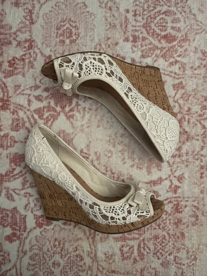 Solene Floral Lace Cork Wedge Heels