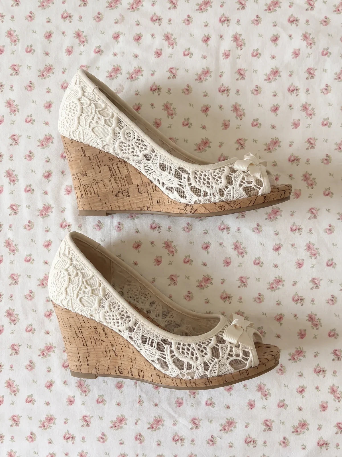 Solene Floral Lace Cork Wedge Heels
